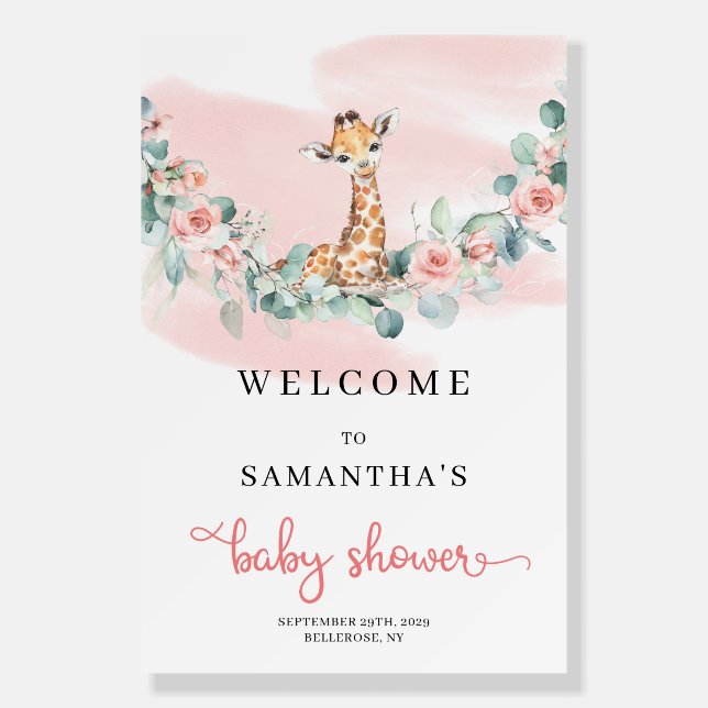 Cute Giraffe Eucalyptus Girl Baby Shower Welcome Foam Board (Front)
