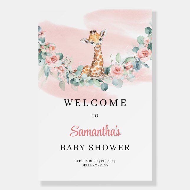 Cute Giraffe Eucalyptus Girl Baby Shower Welcome Foam Board (Front)