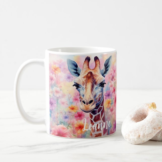Cute Giraffe Face with Pink Flowers  Coffee Mug (With Donut)