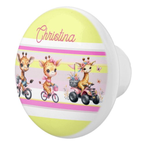 Cute giraffe family on bikes and quad pink yellow ceramic knob