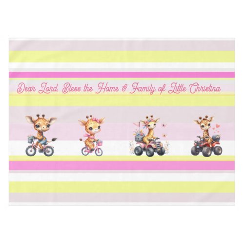 Cute giraffe family on bikes and quad pink yellow tablecloth