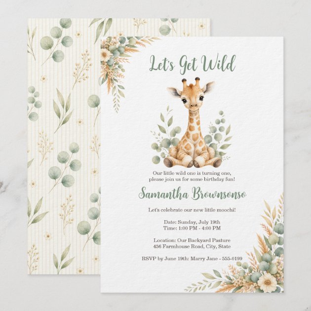 Cute Giraffe First Birthday Invitation