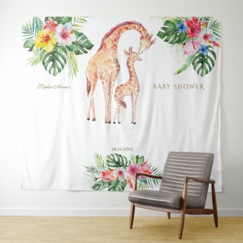 Cute Giraffe Floral Baby Shower Photo Booth Prop Tapestry