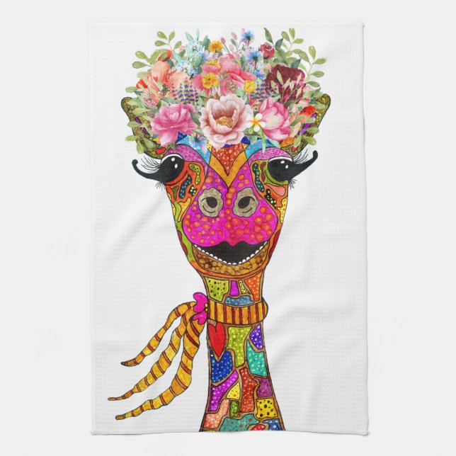 Cute Giraffe Floral Crown Kitchen Towel (Vertical)