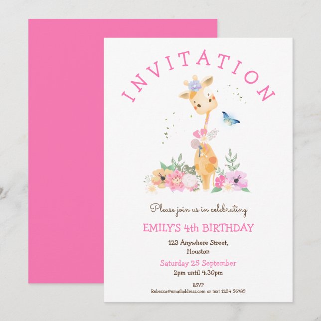 Cute Giraffe Floral Girls 4th Birthday Party Invitation (Front/Back)