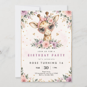 Cute Giraffe Floral Sweet 16 Birthday Invitation