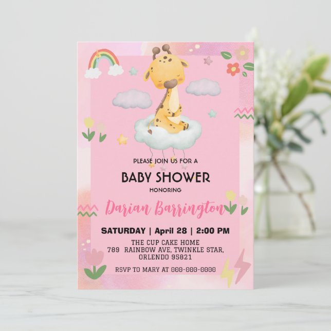 Cute giraffe Flower balloon baby shower party Invitation (Standing Front)
