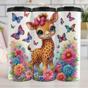 Cute Giraffe Flowers Butterflies Whimsical Scene Thermal Tumbler