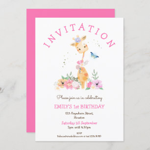 Cute Giraffe Flowers Girls 1st Birthday Party Invitation