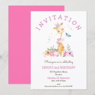 Cute Giraffe Flowers Girls 2nd Birthday Party Invitation
