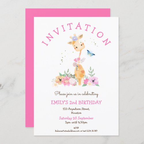 Cute Giraffe Flowers Girls 2nd Birthday Party Invitation