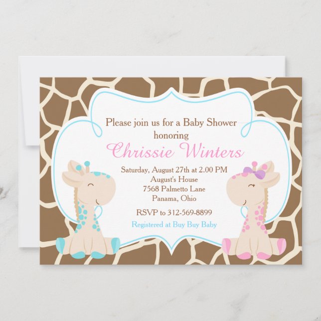 Cute Giraffe Gender Reveal or Twins Baby Shower Invitation (Front)