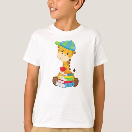 Cute Giraffe Giraffe Going To School Books T_Shirt