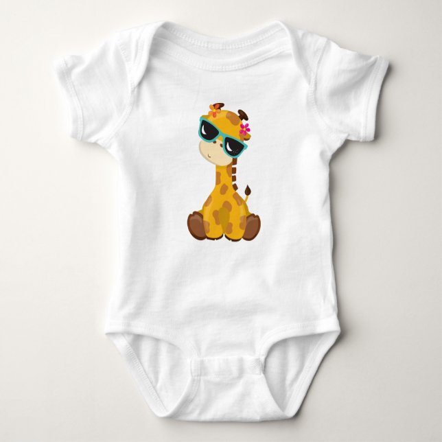 Cute Giraffe, Giraffe With Sunglasses, Cute Animal Baby Bodysuit (Front)