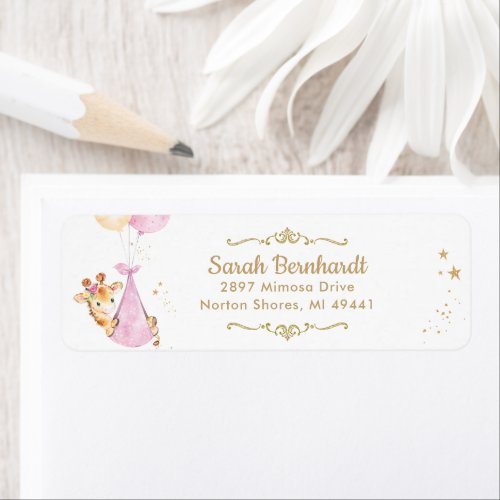 Cute Giraffe Girl Baby Shower Return Address Label