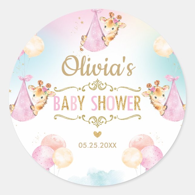 Cute Giraffe Girl Baby Shower Thank You Favor Classic Round Sticker (Front)
