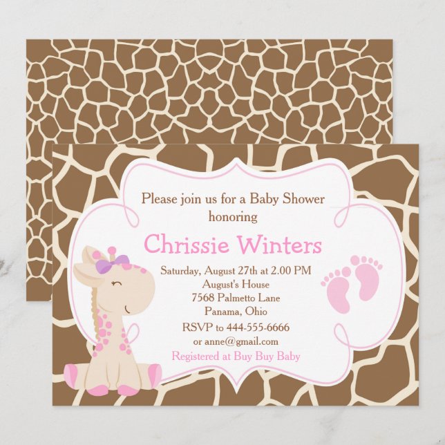 Cute Giraffe Girl Pink Baby Shower Invitation (Front/Back)