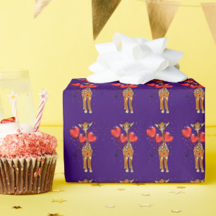 Cute giraffe, glitter sparkle heart balloons wrapping paper