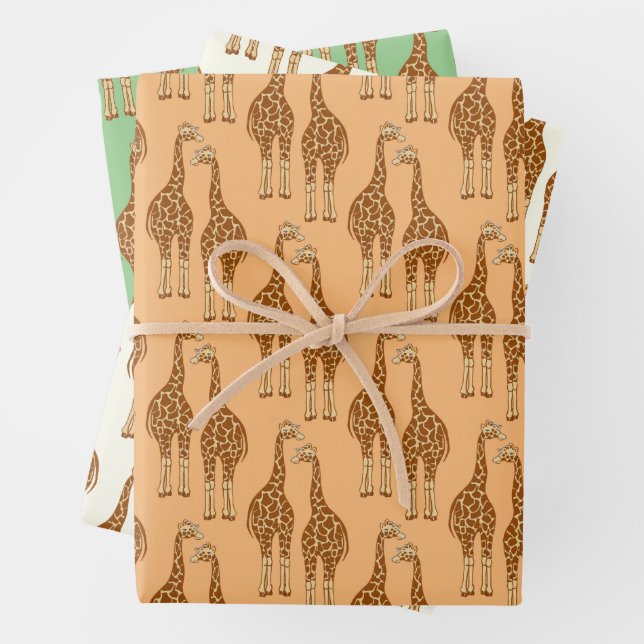 Cute Giraffe Hand-Illustrated Whimsical Wildlife Wrapping Paper Sheets (In situ)