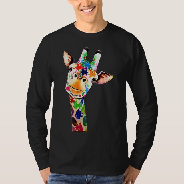 Cute Giraffe Happy Autism Day Awareness And Suppor T-Shirt (Front)