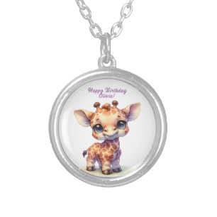 Cute giraffe happy birthday silver plated necklace
