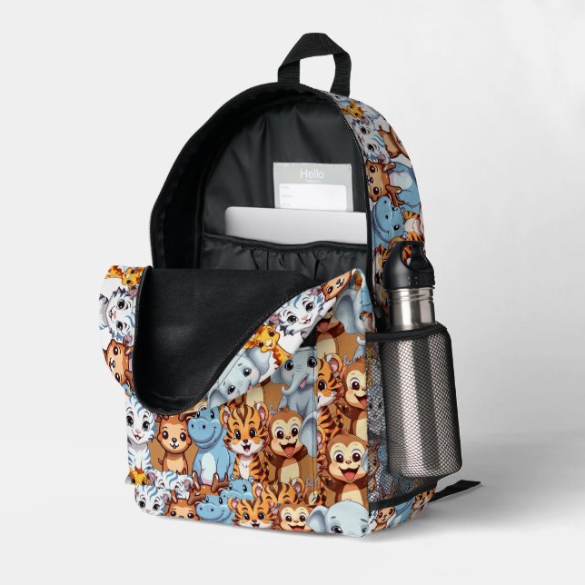 Cute giraffe hippo wild jungle safari Pattern Printed Backpack (Back Corner Right (Open))