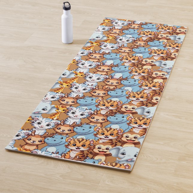 Cute giraffe hippo wild jungle safari Pattern Yoga Mat (In Situ)