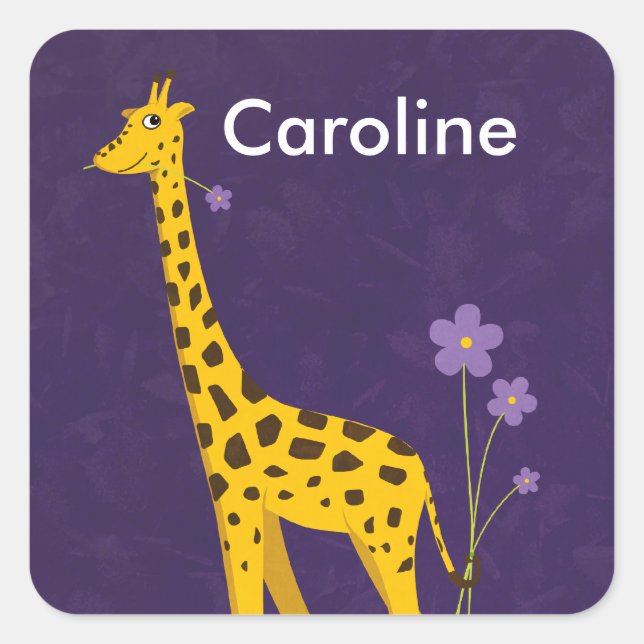 Cute Giraffe Holding Purple Flowers Customizable Square Sticker (Front)