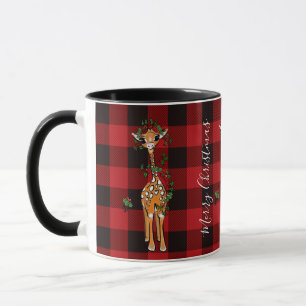 Cute Giraffe holly garland red black plaid Mug