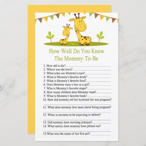 Cute giraffe How well do you know baby shower game