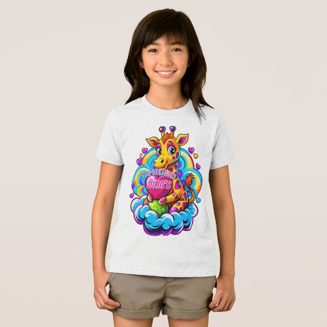 Cute Giraffe Hugging a Heart Pillow on a Cloud Tri-Blend Shirt (Front Full)