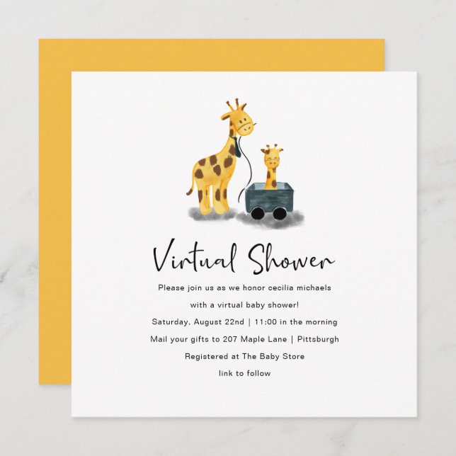 Cute Giraffe Illustration Virtual Baby Shower Invitation (Front/Back)