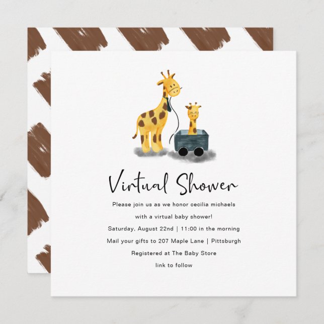 Cute Giraffe Illustration Virtual Baby Shower Invitation (Front/Back)