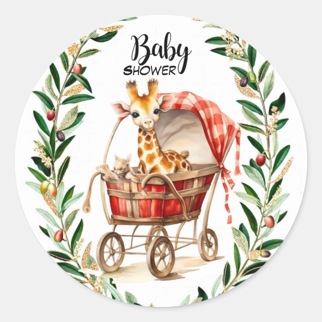 Cute Giraffe in Carriage Winter Baby Shower Classic Round Sticker (Front)