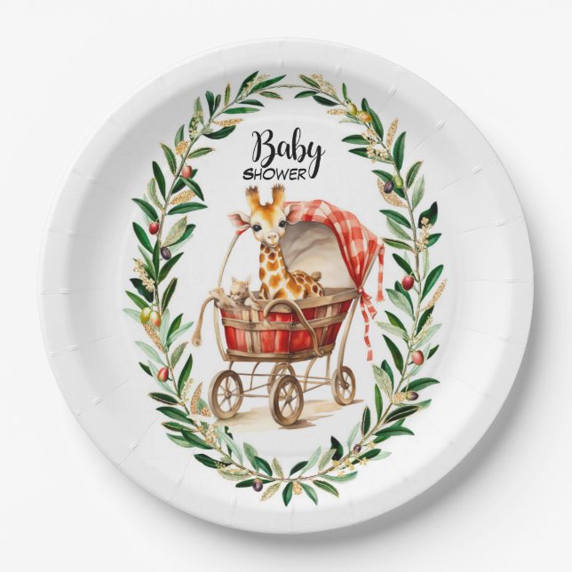 Cute Giraffe in Carriage Winter Baby Shower Paper Plates (Front)