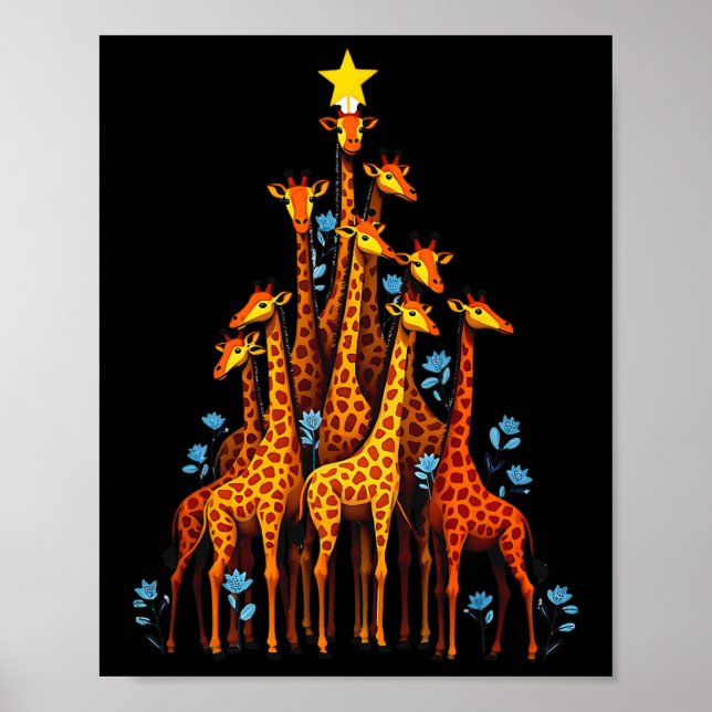 Cute Giraffe In Christmas Tree Hat Floral Giraffe  Poster (Front)