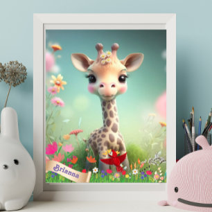 Cute Giraffe in Garden Personalized Art Nursery Poster