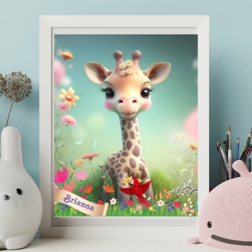 Cute Giraffe in Garden Personalized Art Nursery Poster