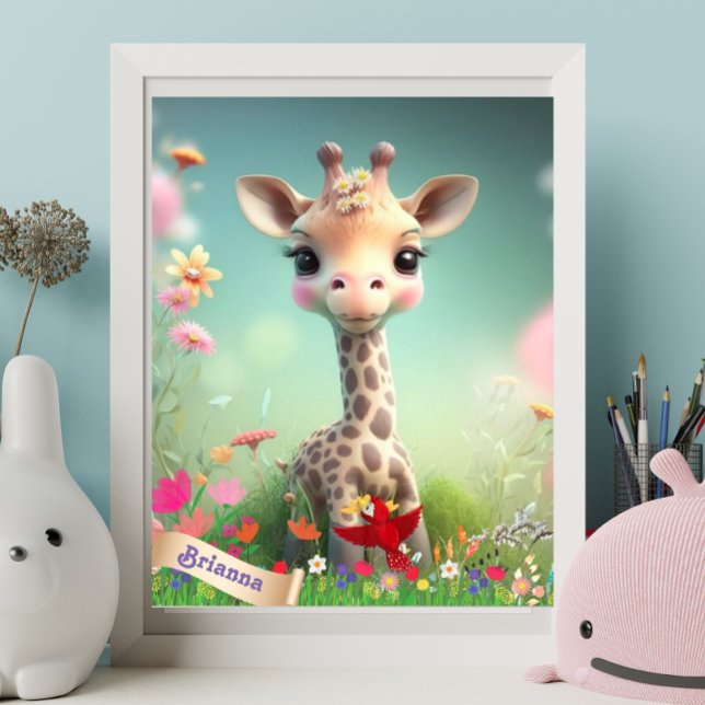 Cute Giraffe in Garden Personalized Art Nursery Poster (Creator Uploaded)