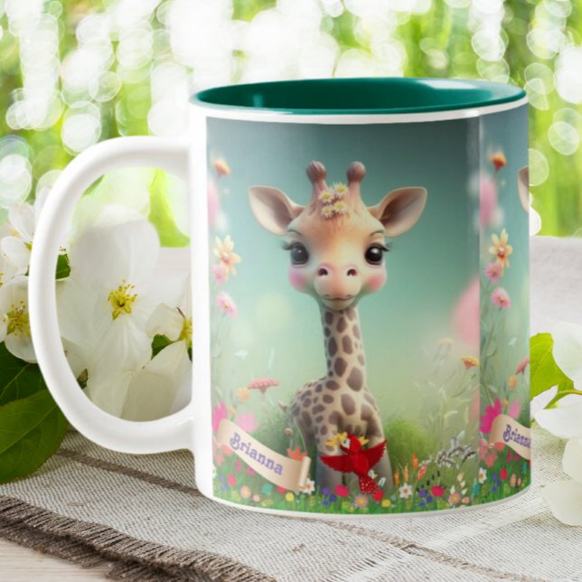 Cute Giraffe in Garden Personalized Floral Two-Tone Coffee Mug (Creator Uploaded)