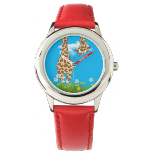 cute giraffe in grass and flowers watch