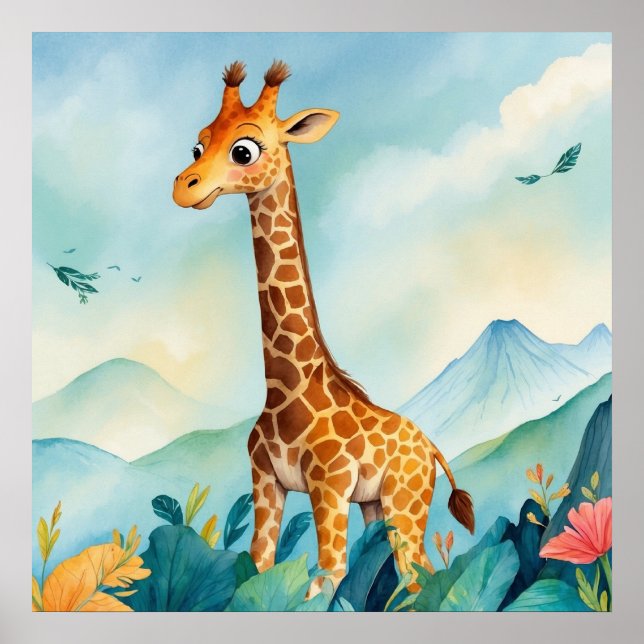 Cute Giraffe in Mountains Nursery Poster (Front)