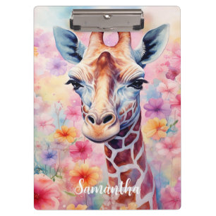 Cute Giraffe in Pink Flowers Clipboard