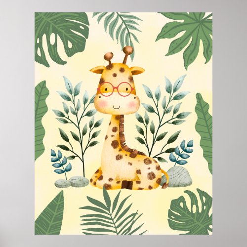 Cute Giraffe Jungle Glasses Nursery Decor Poster