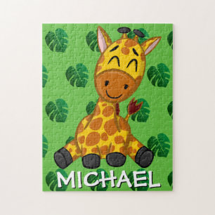Cute Giraffe Jungle Green Name Cartoon Rainforest Jigsaw Puzzle
