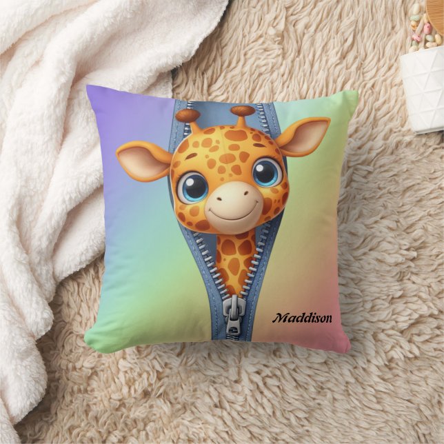 Cute Giraffe Kids Customizable Name  Throw Pillow (Blanket)