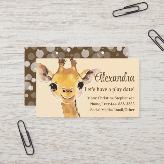 Cute Giraffe Kids Name Childrens Play Date Calling Business Card (Front/Back In Situ)