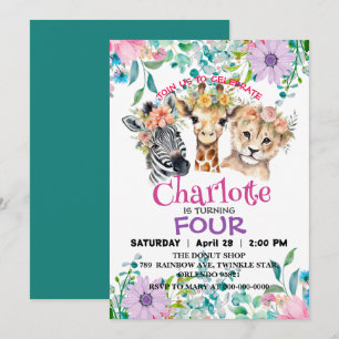 Cute giraffe Lion jungle Animals Birthday Floral Invitation