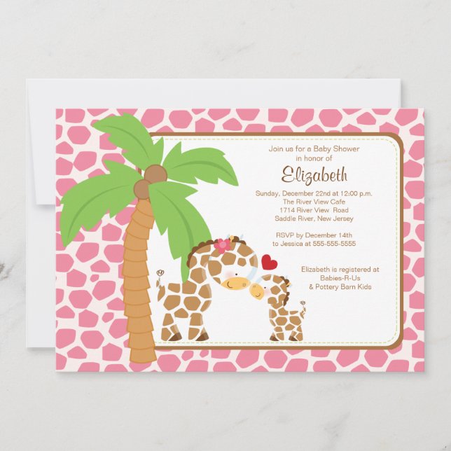 Cute Giraffe Mom & Baby Girl Baby Shower Invitation (Front)