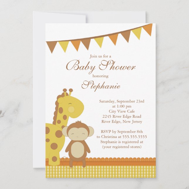 Cute Giraffe Monkey Baby Shower Invitation (Front)